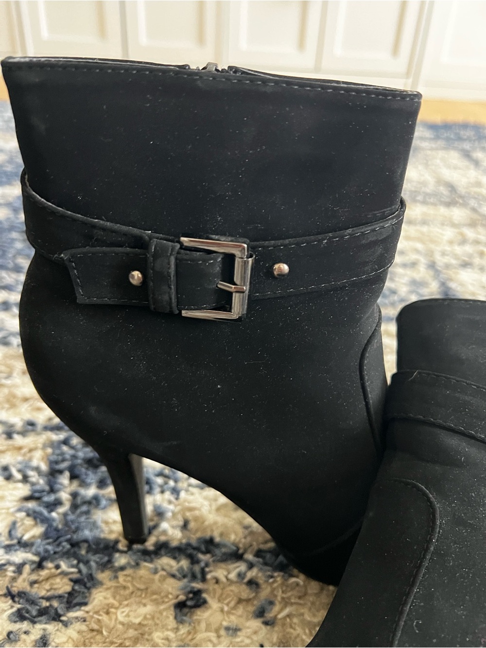 Top Moda Black Suede High Heel Ankle Booties with Buckle - Picture 3 of 8